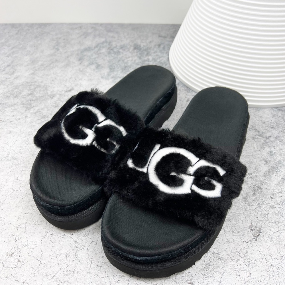 UGG Laton Fur Slide Black Slippers Spelled Out Embroidered.